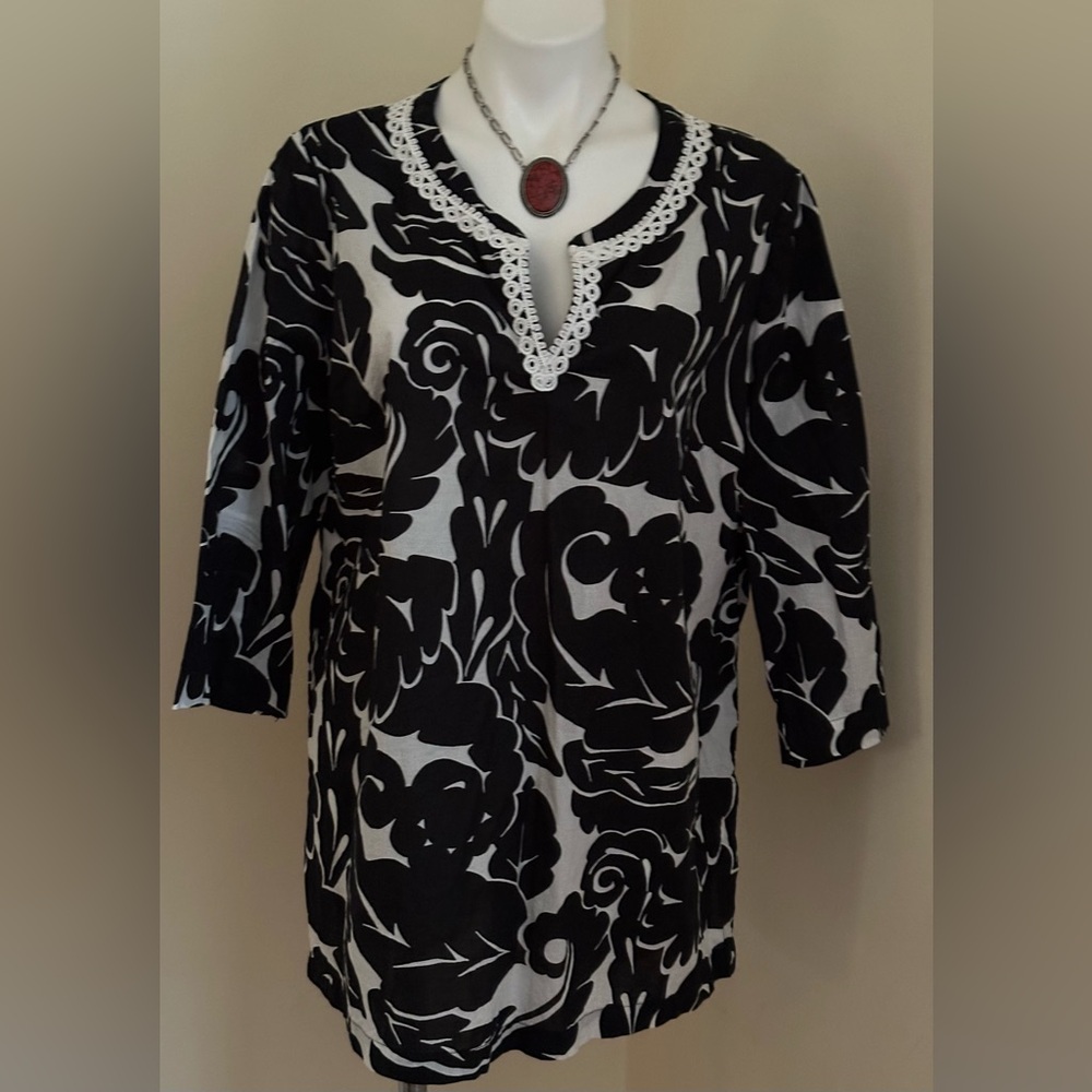 LIZ CLAIBORNE Black White Leaf Patterned 3/4th Sleeves Blouse 100% Cotton Sz XL